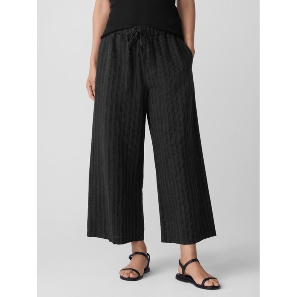 Eileen Fisher Cotton Blend Stripe Stitch Wide Leg‎ Cropped Pants Black LP